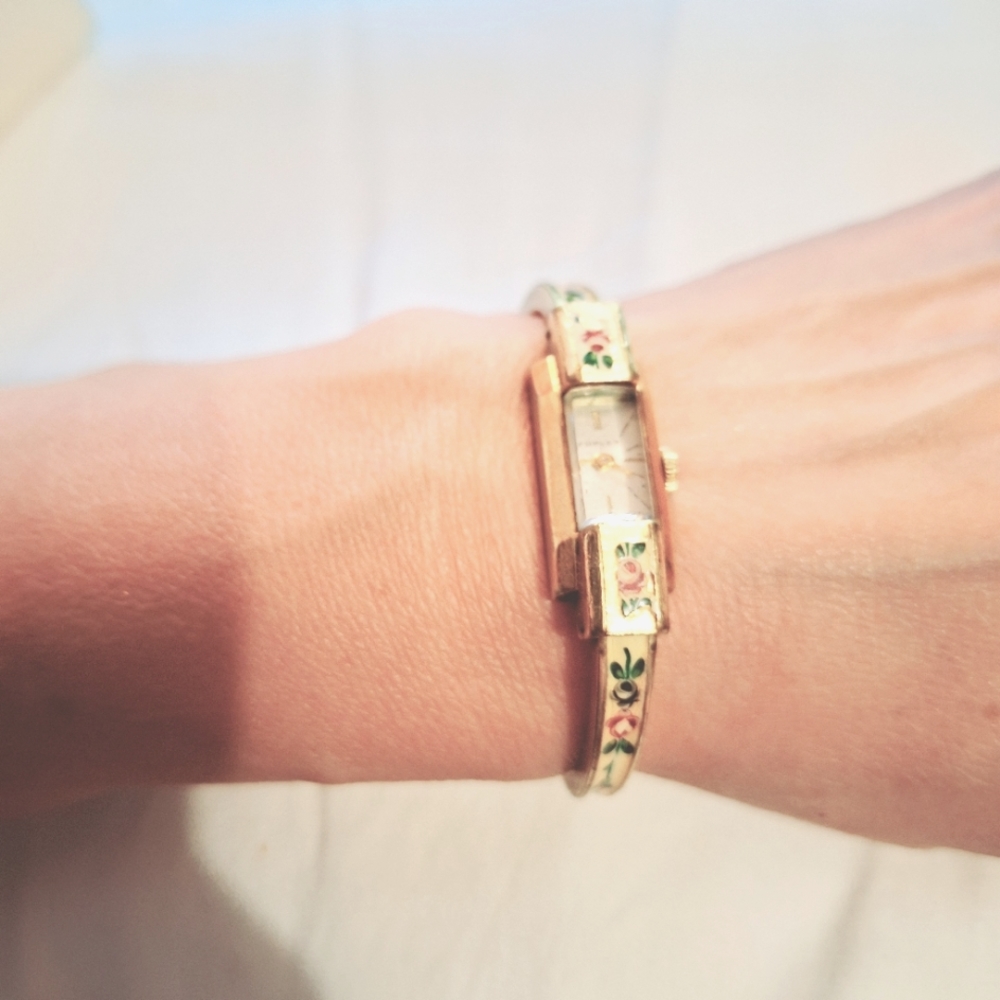 Rare floral enamel Swiss Turler Watch, Hinged Bangle Style watch